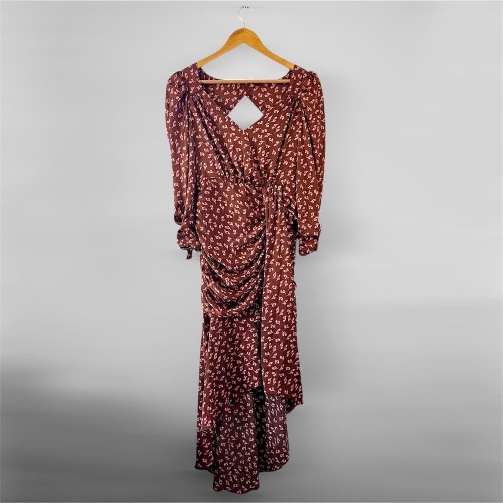 New LUSH Surplice Neck Gathered Front Open Back Midi Dress Merigold Medium